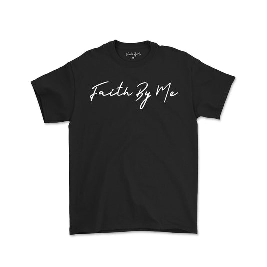 Black Crew neck t-shirt with the text 'Faith By Me' written in a cursive script on the front.